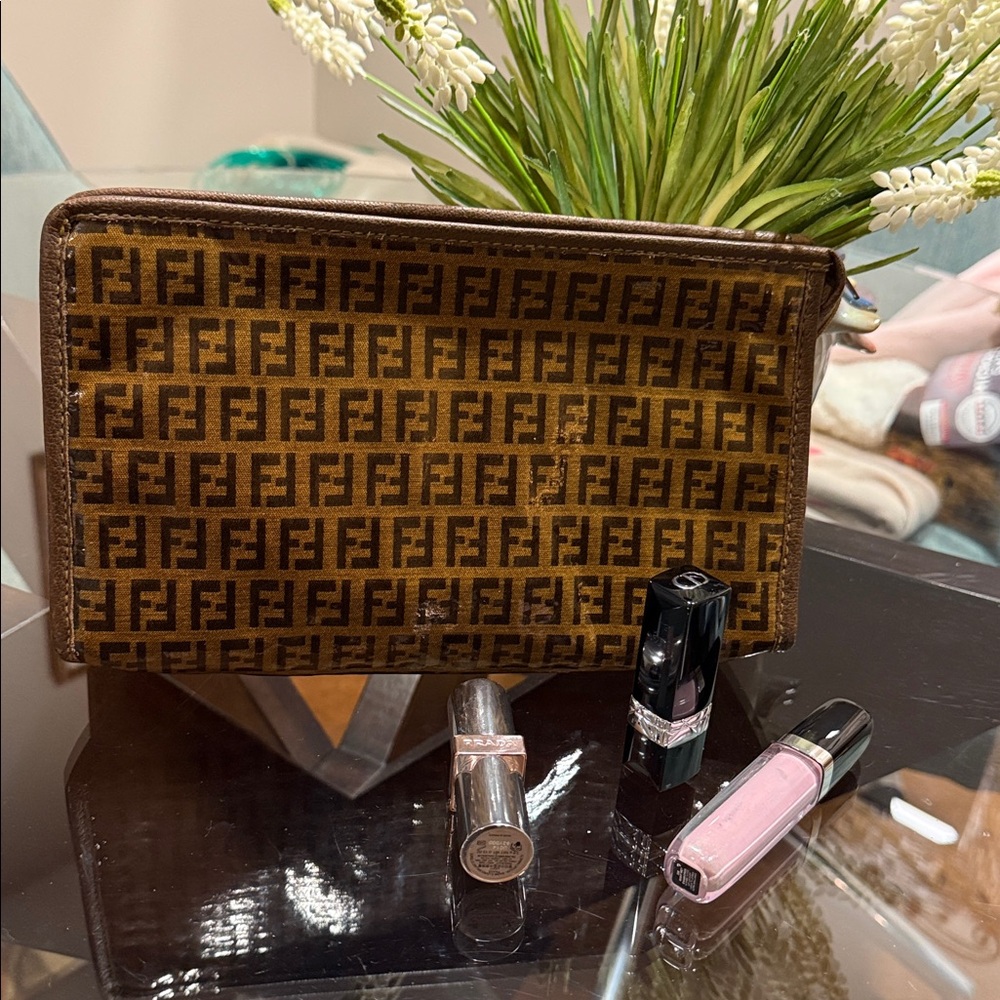 Authentic Fendi Clutch Bag Zucca Zucchino Brown Coated Canvas